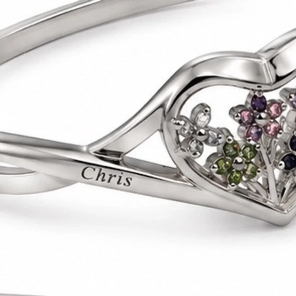 Family Garden of Love Heart Flower Engraved Hinged Bangle Bracelet